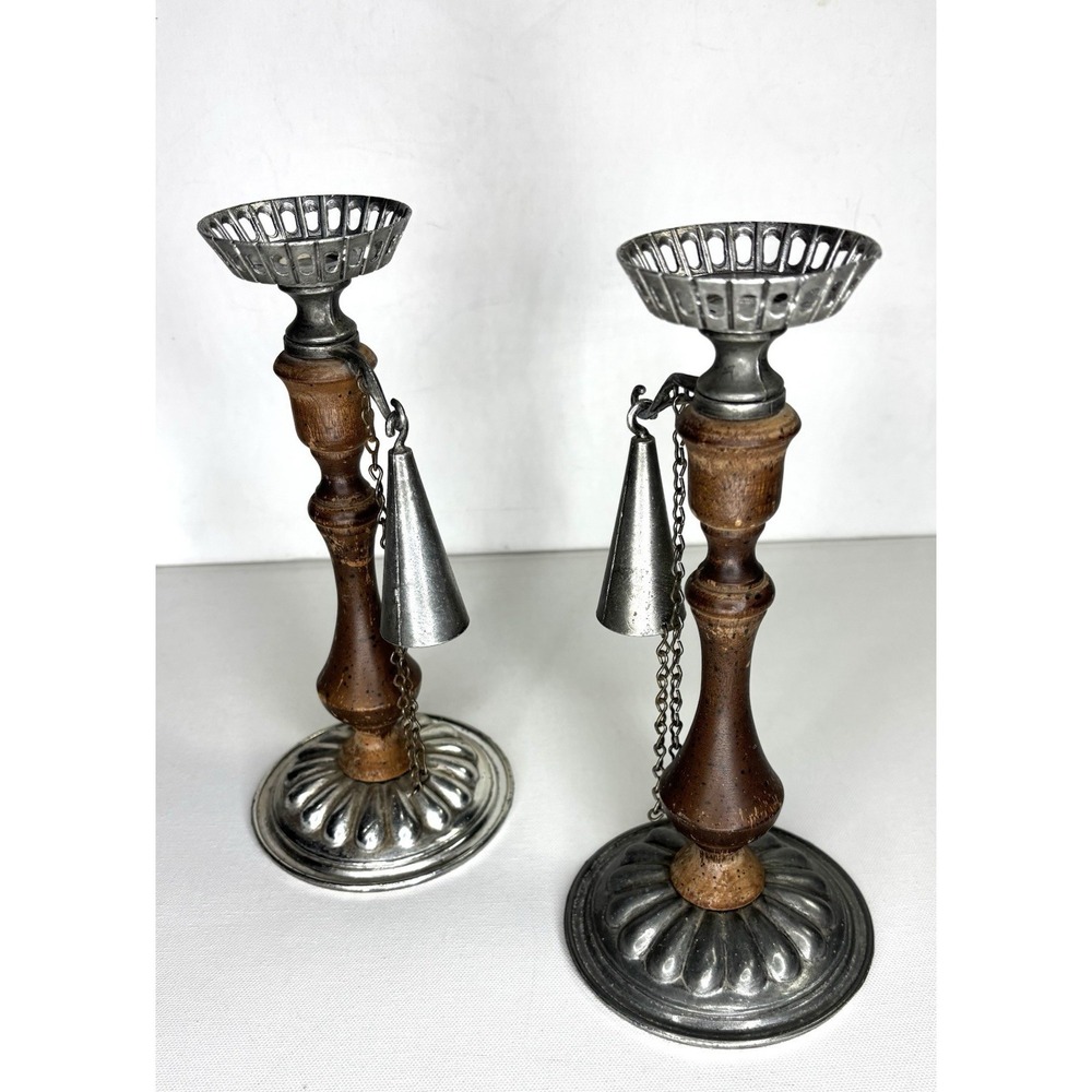 Wood & Pewter Candle Holder W/ Candle Snuffer Vintage Victorian Set Of 2
